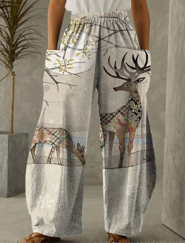Christmas Grey Deer Print Casual Pants
