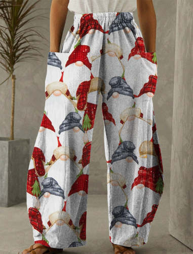 Christmas White Santa Claus Print Casual Pants