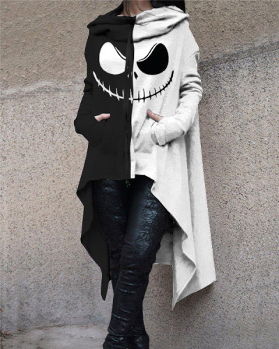 Halloween Spooky Face Print Hooded Long Sleeve Sweatshirt
