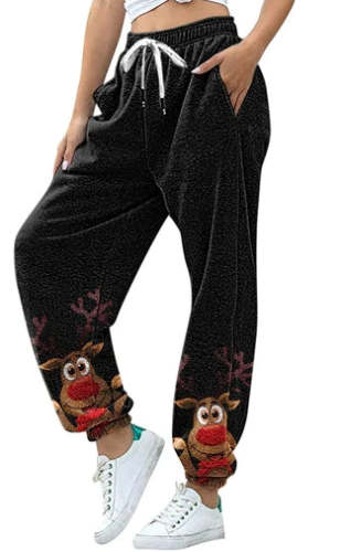 Christmas Black Deer Print Waist Drawstring Pants