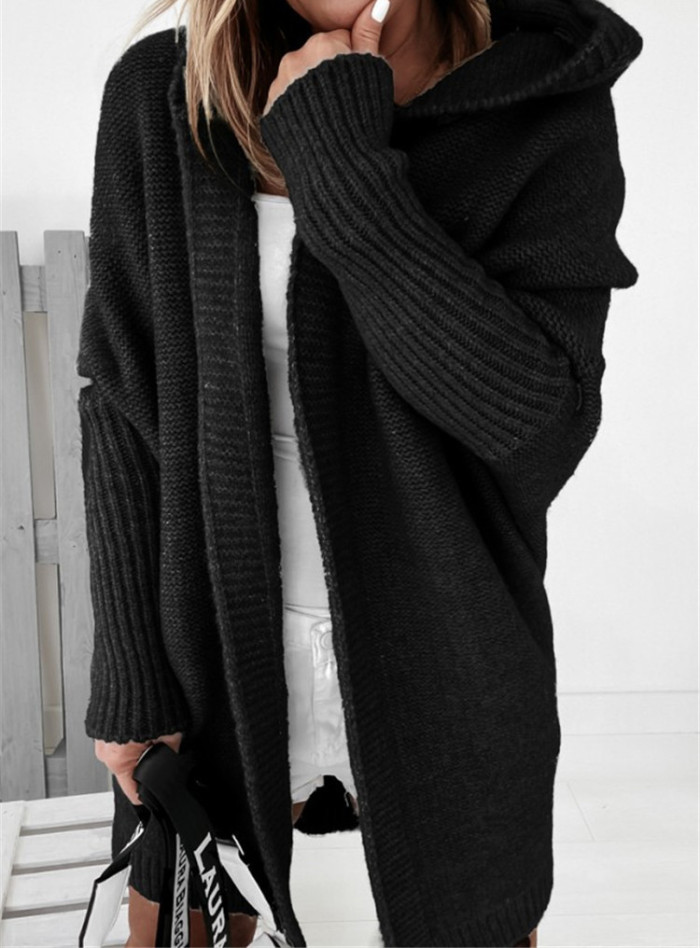 Hooded Knitted Temperament Commuter Comfortable Loose Stitching Sweater Coat