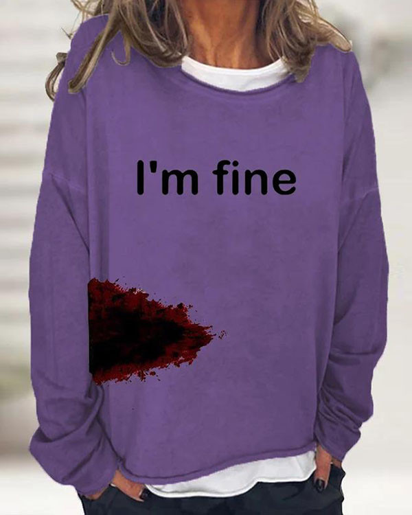 Women's Halloween Humor Funny Bloodstained I'm Fine Printed Long Sleeve T-Shirt