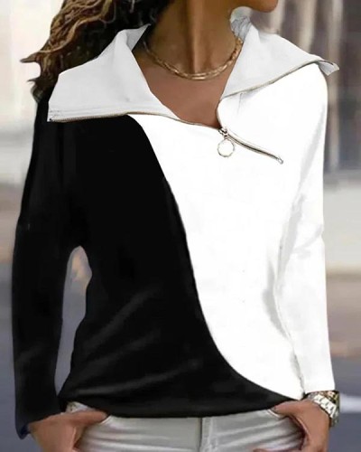 Casual Black and White Panel Zip Top
