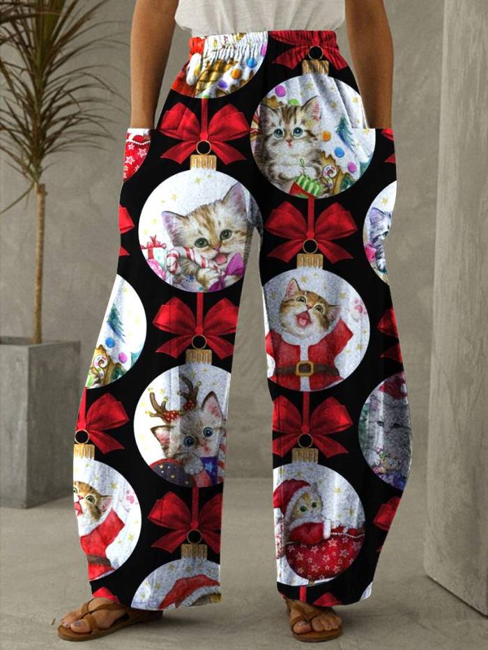 Christmas Cats Print Vintage Casual Loose Pants