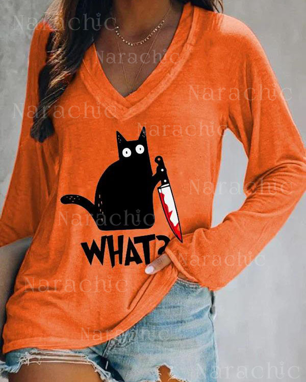 Halloween Print V-neck Long Sleeve Casual T-Shirt