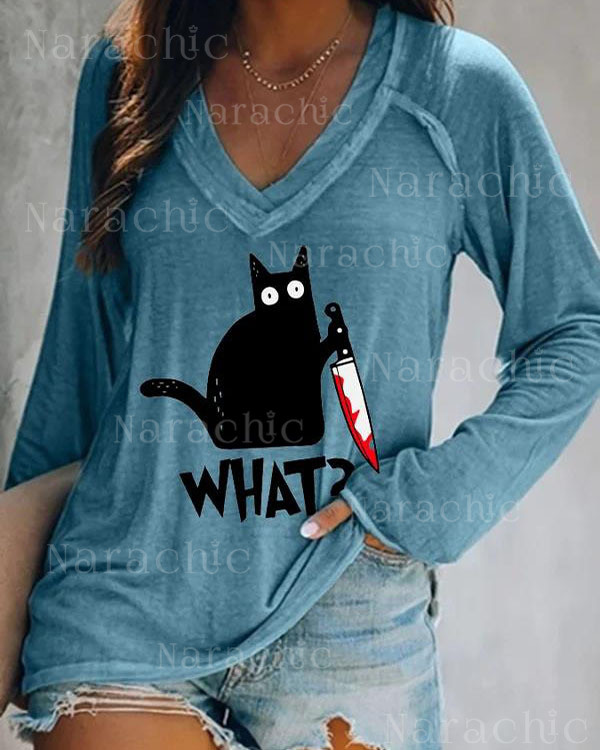 Halloween Print V-neck Long Sleeve Casual T-Shirt