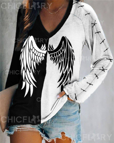 Angel Wings V-Neck Long Sleeve T-Shirt