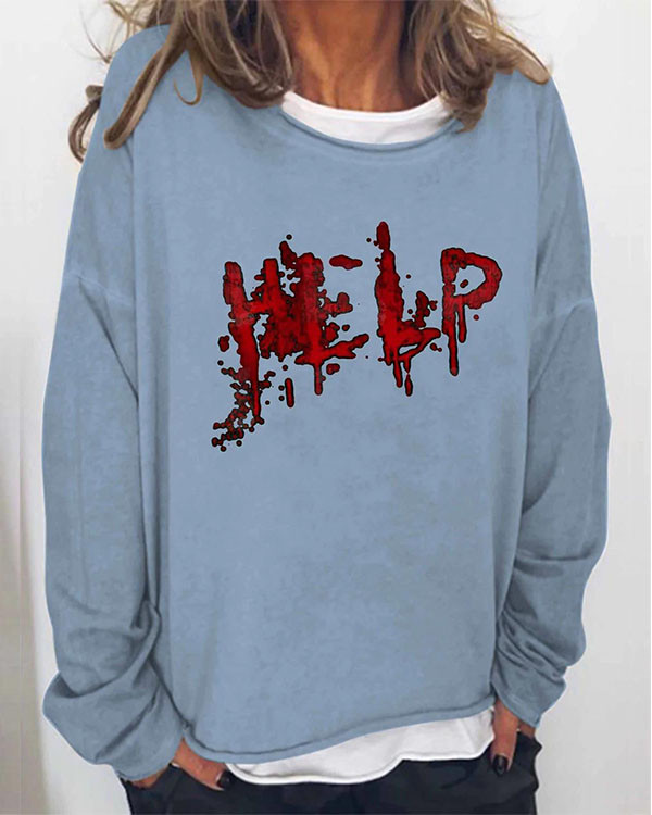 Women Halloween Humor Funny Bloodstained Help Printed Long Sleeve Top