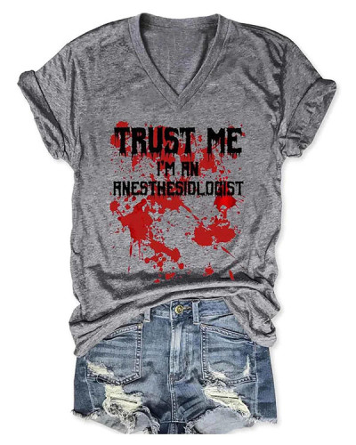 Women Halloween Humor Funny Bloodstained I'm Fine Printed V-Neck Halloween T-Shirt