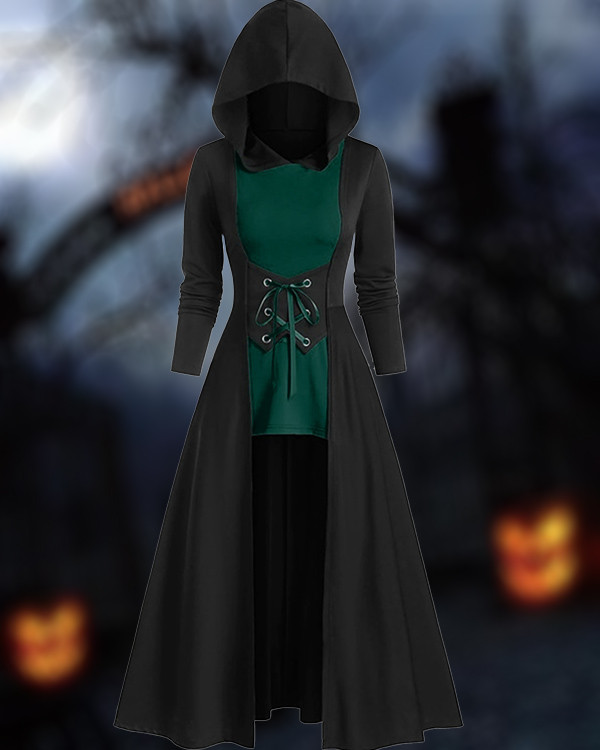 Halloween Midi Tie-Up Contrast Cape Long Sleeve Dress