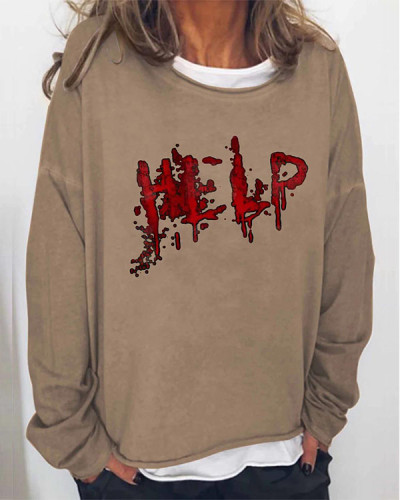 Women Halloween Humor Funny Bloodstained Help Printed Long Sleeve Top