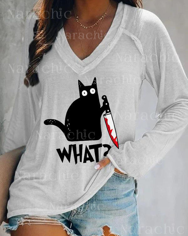 Halloween Print V-neck Long Sleeve Casual T-Shirt