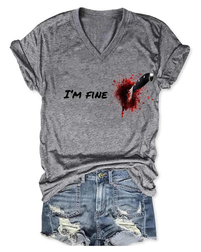 Women Halloween Humor Funny Bloodstained I'm Fine V-Neck T-Shirt