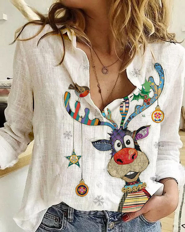 Christmas  Print Loose Shirt