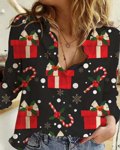 Christmas  Print Loose Shirt