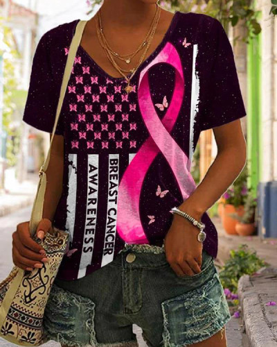 Breast Cancer Awareness Casual Butterfly Print T-Shirt