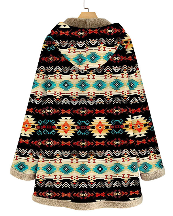 Ethnic Vintage Print Hooded Plush Long Sleeve Coat