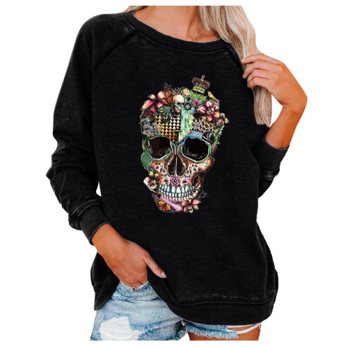 Halloween skull print round neck loose sweater women