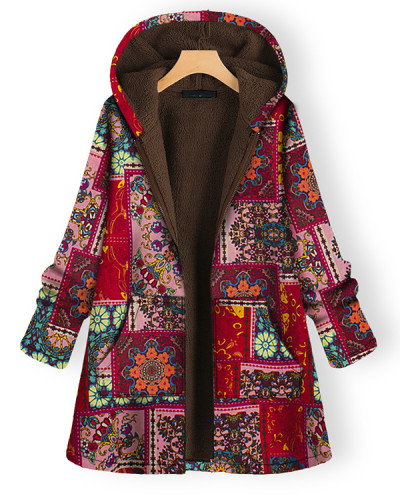 Ethnic Loose Plus Size Long Sleeve Fleece Hooded Coat