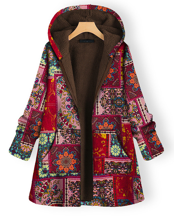 Ethnic Loose Plus Size Long Sleeve Fleece Hooded Coat