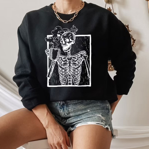 Skeleton Drinking Hot Coffee Sweatshirt