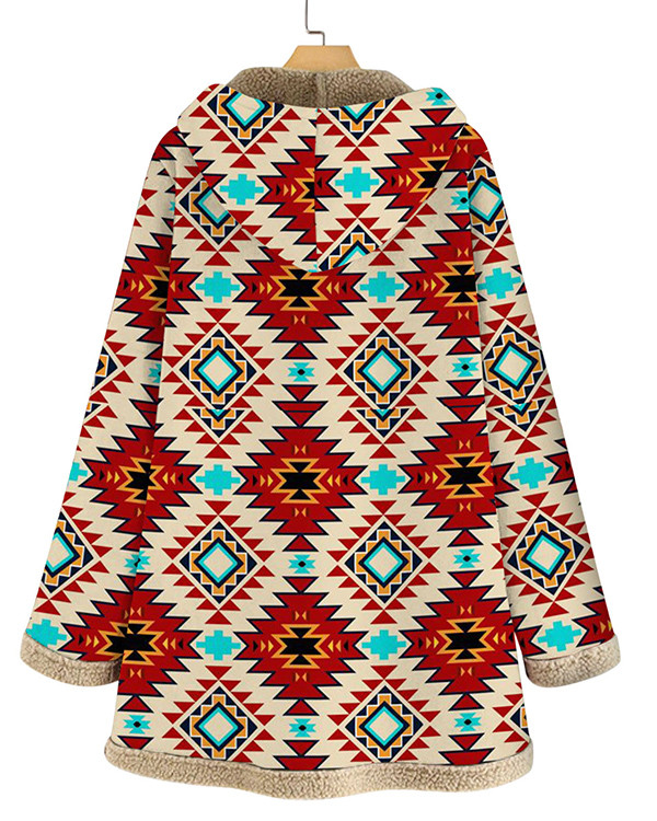 Ethnic Vintage Print Hooded Plush Long Sleeve Coat