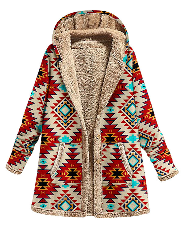 Ethnic Vintage Print Hooded Plush Long Sleeve Coat