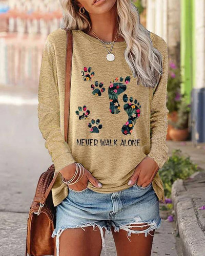 Women's NEVER WALK ALONE Dog Paw Printed Crew Neck Long sleeve T-shirt