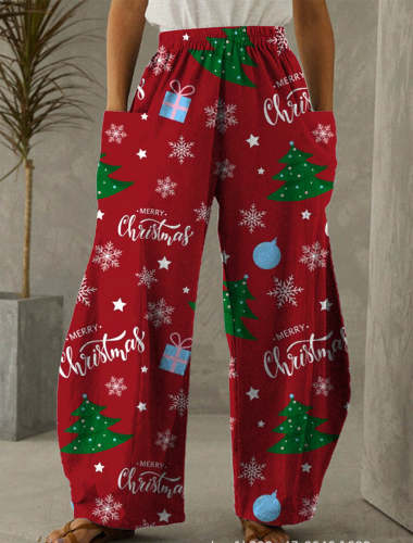 Christmas Red Christmas Tree Print Casual Pants