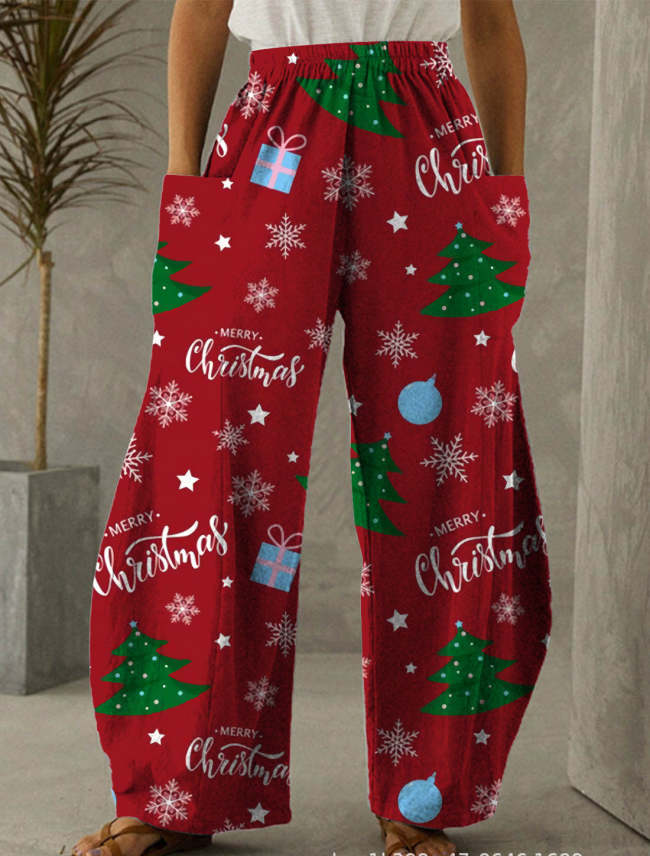 Christmas Red Christmas Tree Print Casual Pants