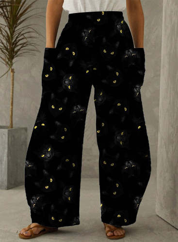 Christmas Black Cat Eye Vintage Casual Loose Pants