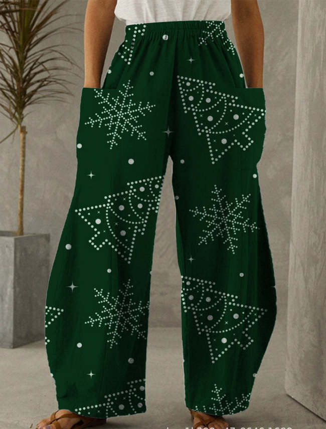 Christmas Dark Green Tree Print Casual Pants