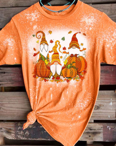 Leopard Pumpkin Print Plaid Gnomes Fall Autumn Thanksgiving T-Shirt Tee - Orange