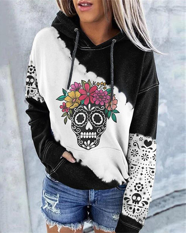 Women's Floral Skull Print  Hoodie Long Sleeve Sweatshirt
