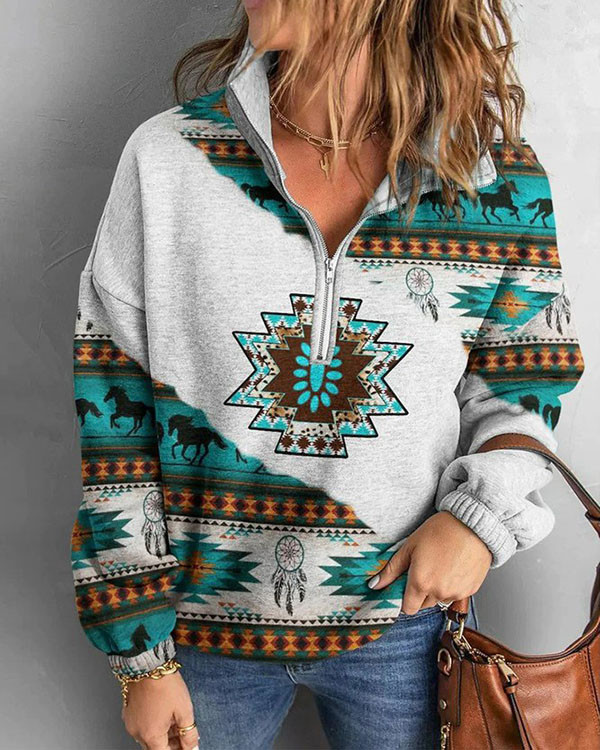 Western Ethnic V-Neck Long Sleeve Sweatshirt