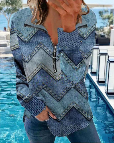 Geometric Panel Long Sleeve V-Neck Zip Sweatshirt