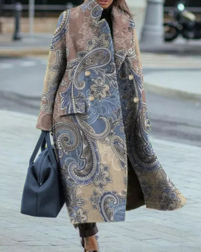 Casual Loose Vintage Paisley Print Long Sleeve Coat