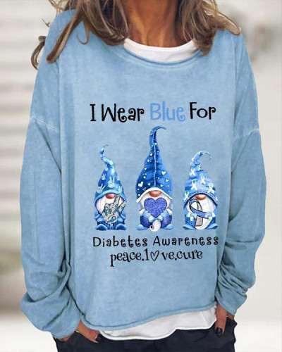 Women's I Wear Blue For Diabetes Awareness Gnomes Graphic Long-Sleeve T-Shirt