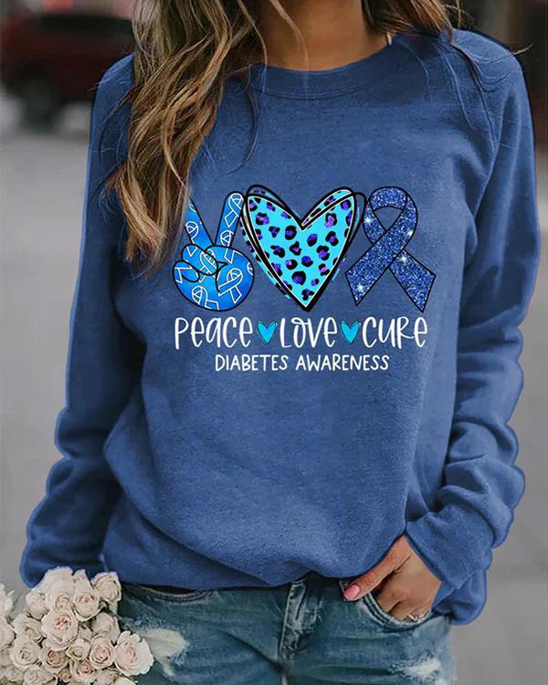 Women's Peace Love Cure Diabetes Awareness Casual Sweatshirt