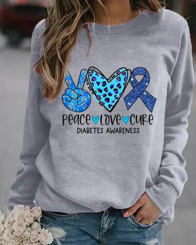 Women's Peace Love Cure Diabetes Awareness Casual Sweatshirt