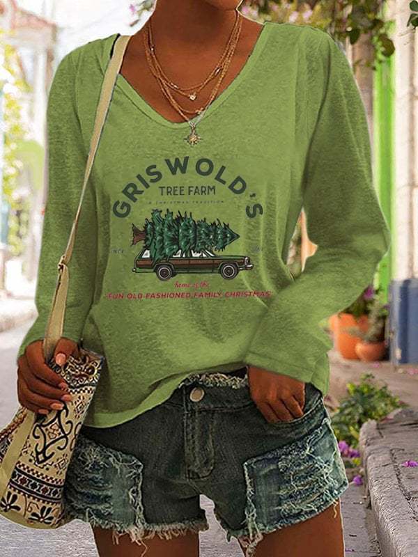 Women's Vintage Griswold Christmas Print Casual Long Sleeve V-Neck T-Shirt