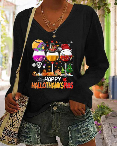 Women's Happy Hallothanksmas Wine Print Long Sleeve V-Neck T-Shirt