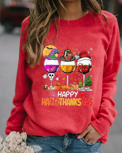 Women's Happy Hallothanksmas Wine Print Sweatshirt