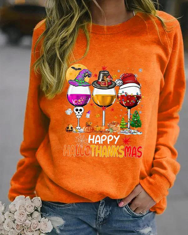 Women's Happy Hallothanksmas Wine Print Sweatshirt