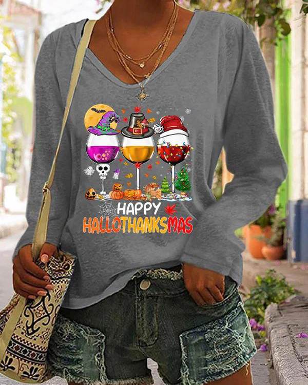 Women's Happy Hallothanksmas Wine Print Long Sleeve V-Neck T-Shirt