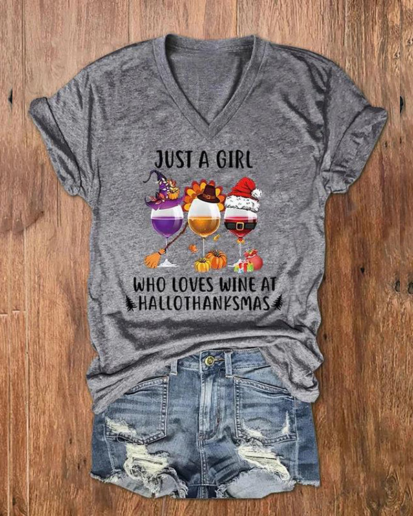 Women's Just A Girl Who Loves Wine At Hallothanksmas Print V-Neck T-Shirt