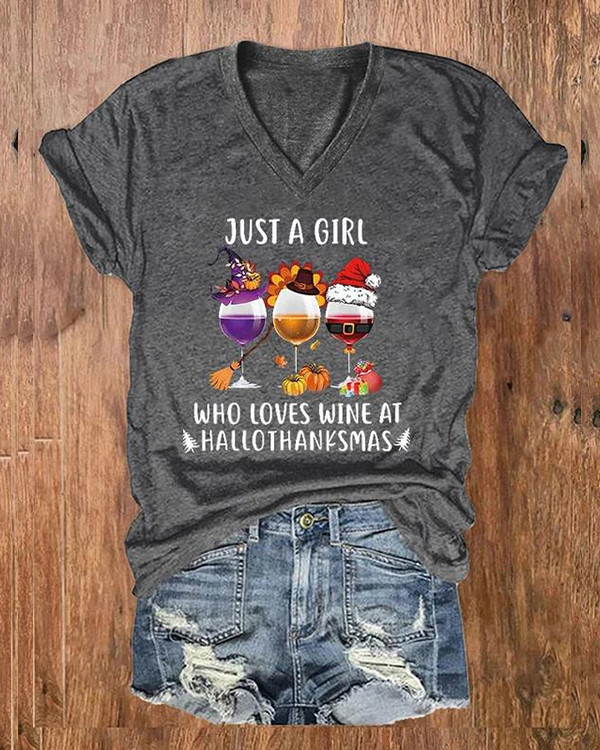 Women's Just A Girl Who Loves Wine At Hallothanksmas Print V-Neck T-Shirt