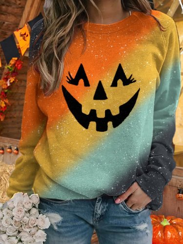 Women's Colorful Ombre Pumpkin Face Print Casual Sweatshirt
