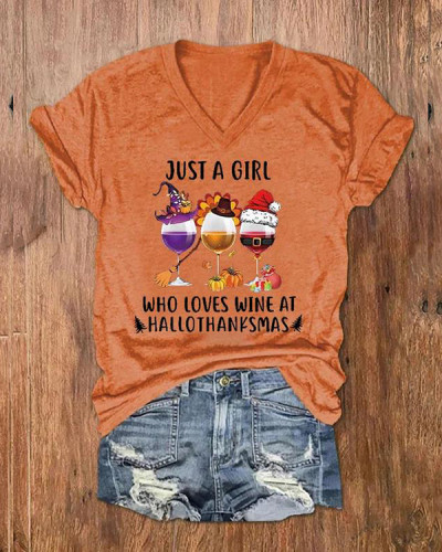 Women's Just A Girl Who Loves Wine At Hallothanksmas Print V-Neck T-Shirt