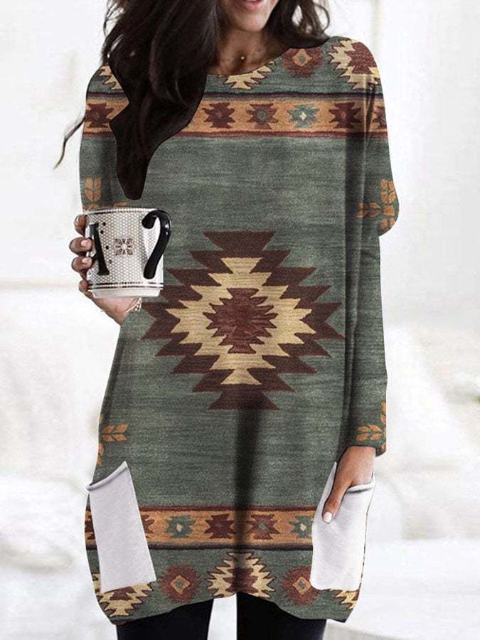 Western Vintage Print Long Sleeve Round Neck Pocket Long Tops